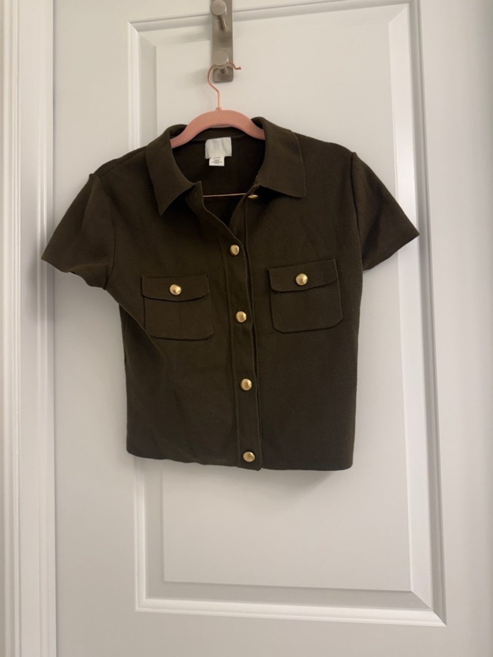 Dark Olive Button-Front Short Sleeve Top